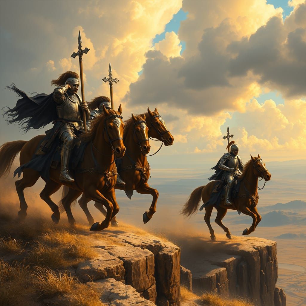 Knights Ride Across Golden Plains in Dramatic Cliffside Land...