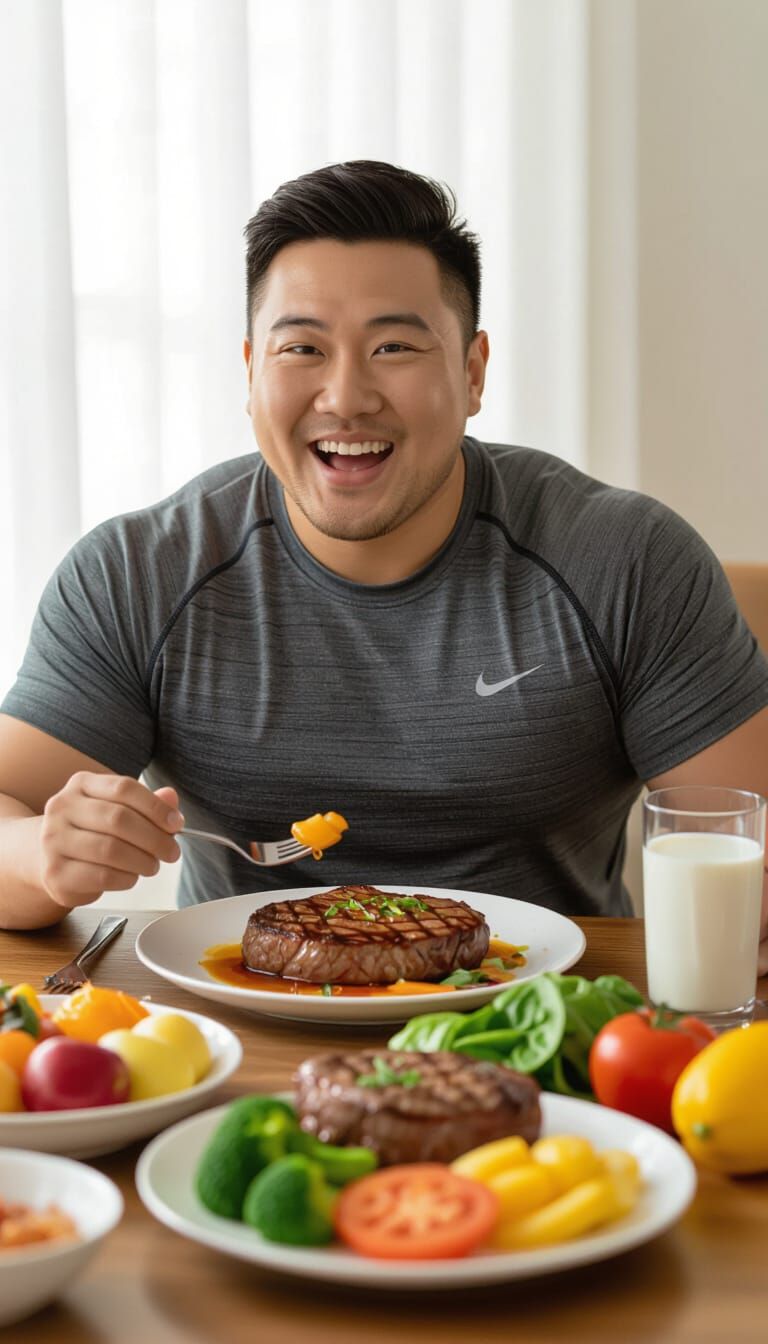 Chubby Asian Man Enjoys Healthy Steak and Veggies Meal