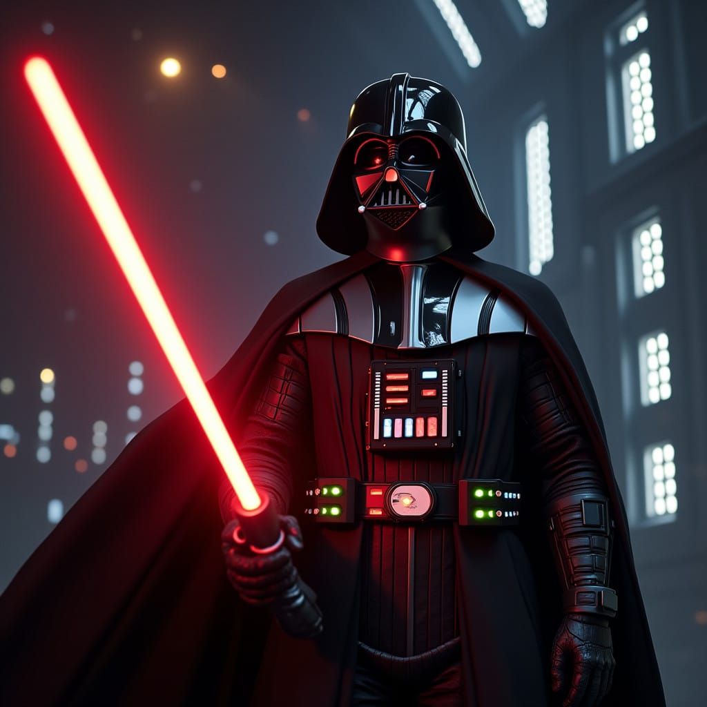 Cyberpunk Darth Vader Wields Red Lightsaber on Space Station