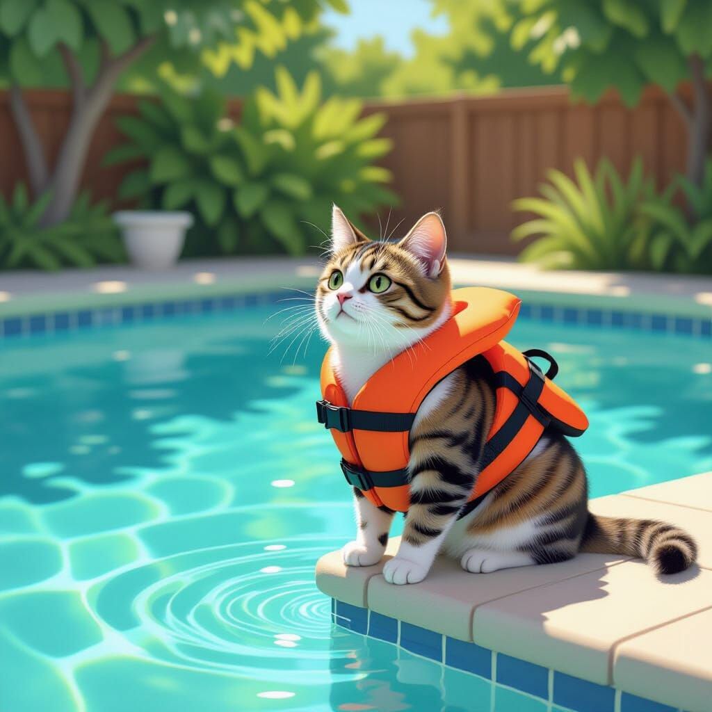 Hesitant Cat in Life Jacket by Poolside