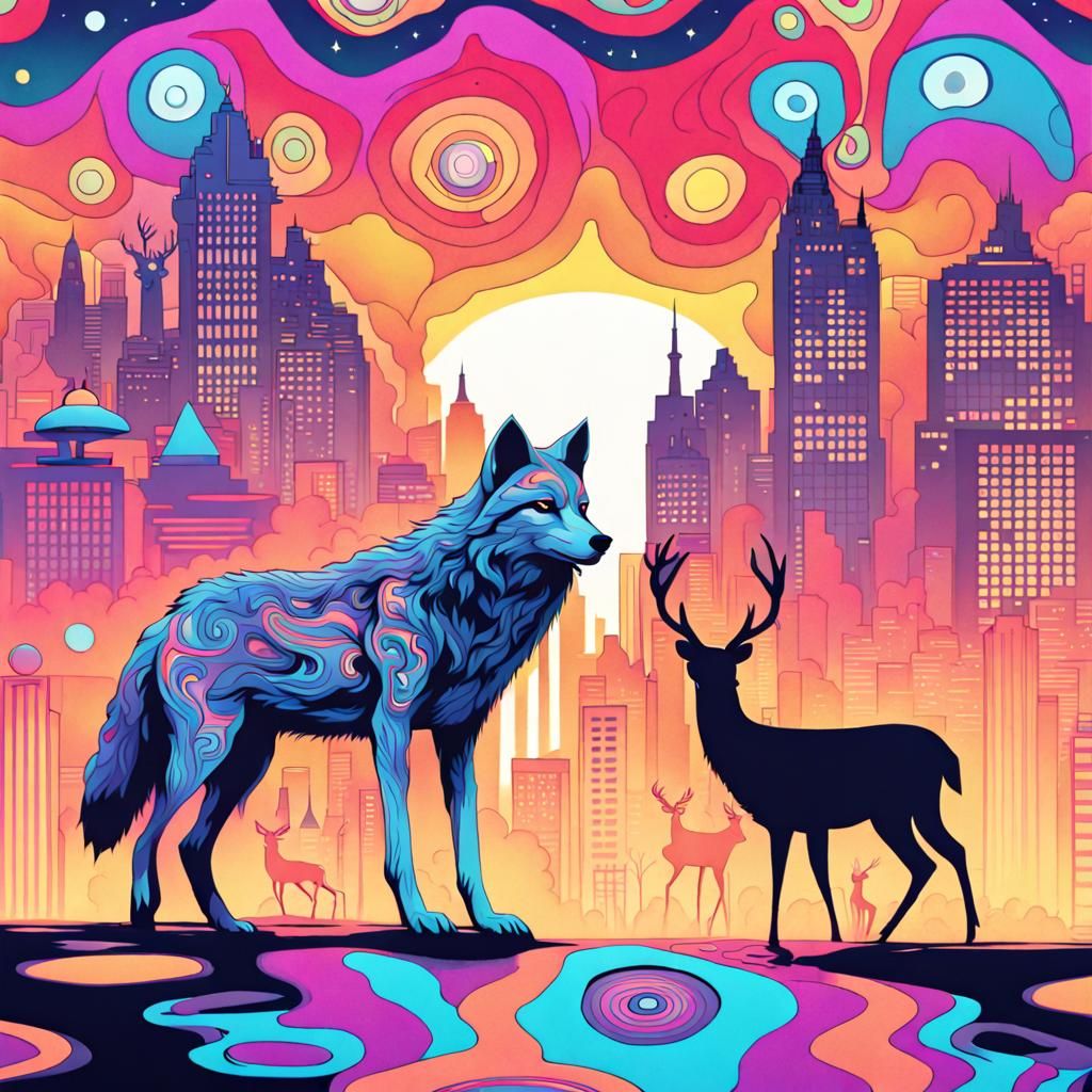 Psychedelic Cityscape: Wolf Stalks Deer in Dreamscape
