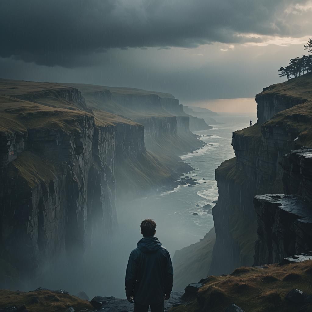 Melancholic Figure on Cliff Edge in Cinematic Still