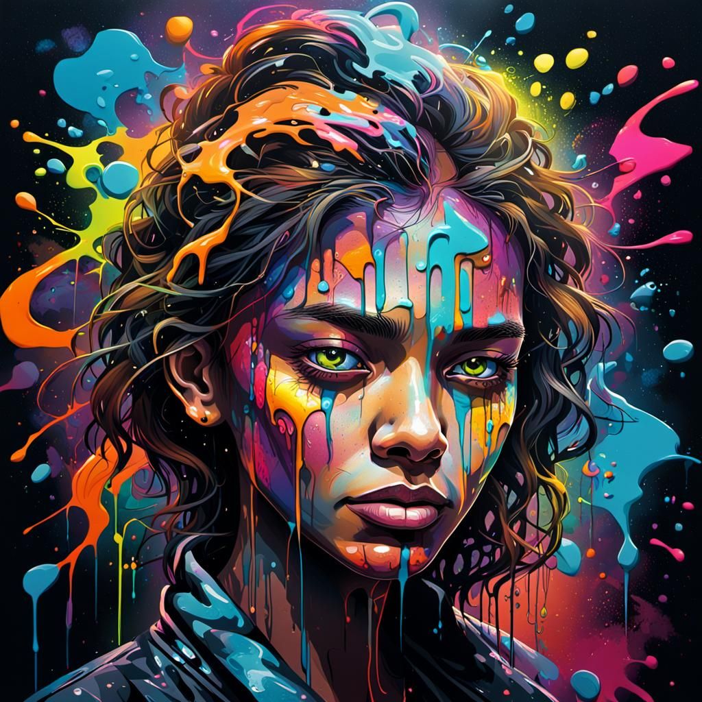 Emotional Graffiti Portrait with Neon Reflections