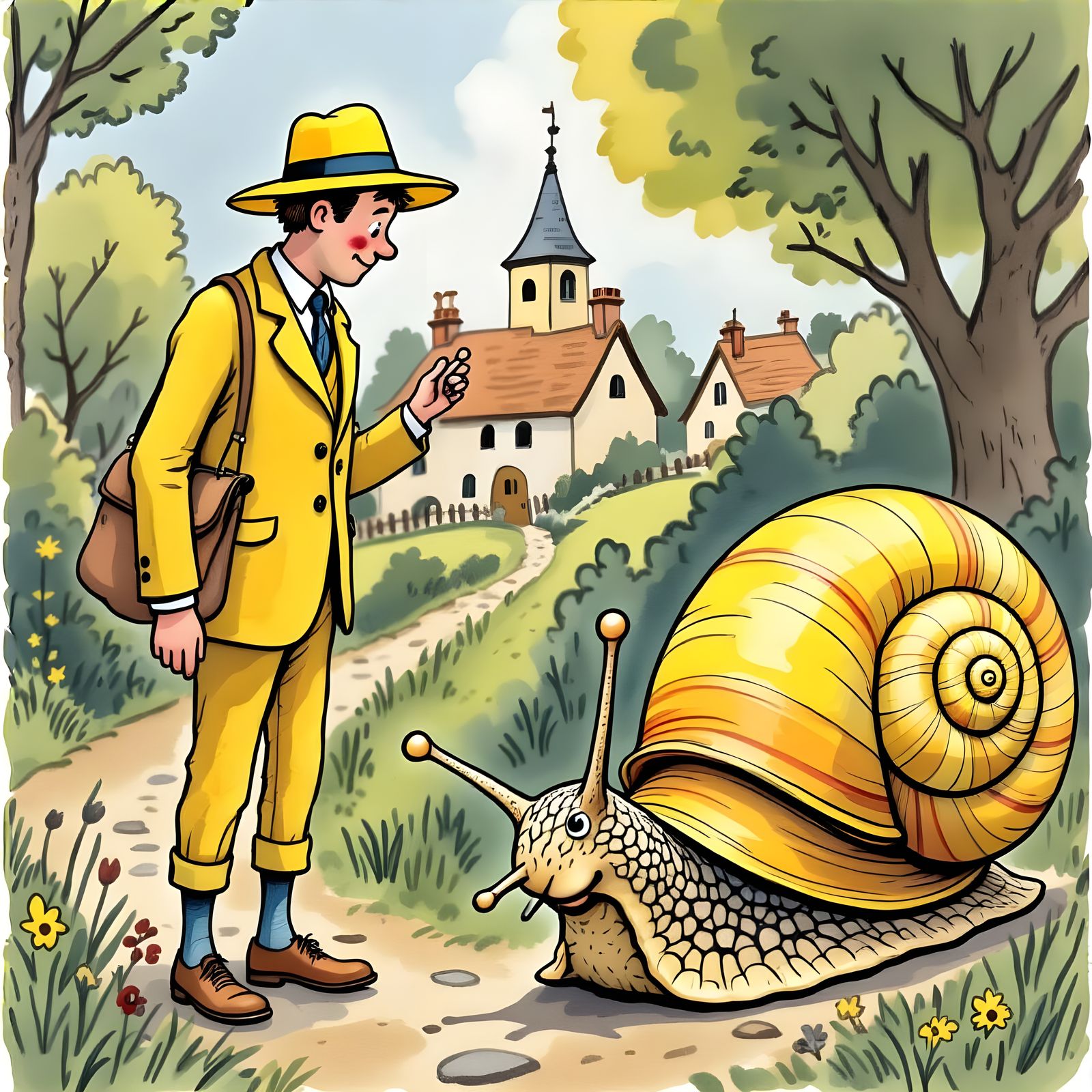 Snail and Man in Yellow Suit Illustration