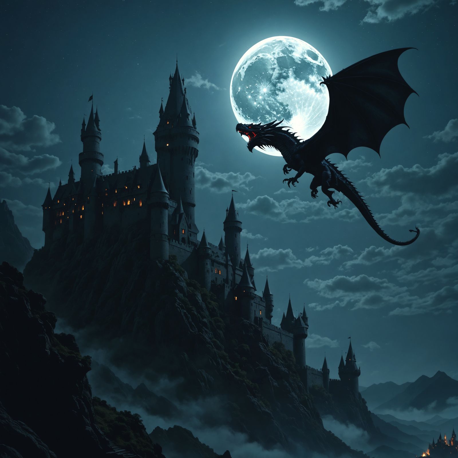Mystical Dragon Soars Under Full Moonlight Over a Dark Castl...