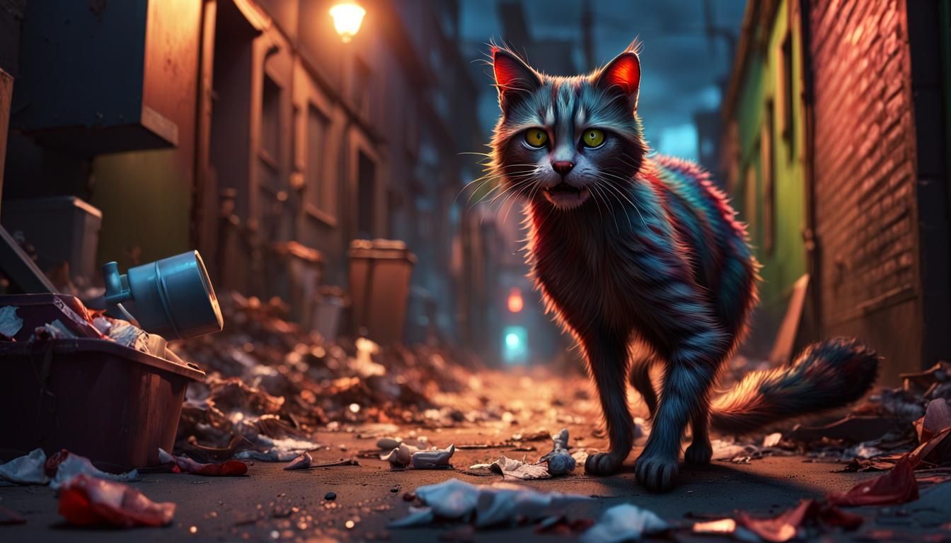 zombie Cat following rabid Racoon passes garbage in eerie, dread filled, lamplit alleyway, high resolution realistic s...