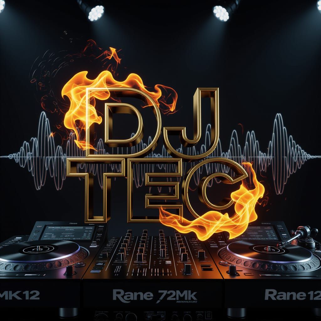 Dj Tec Gold Logo with Flames and Sound Waves