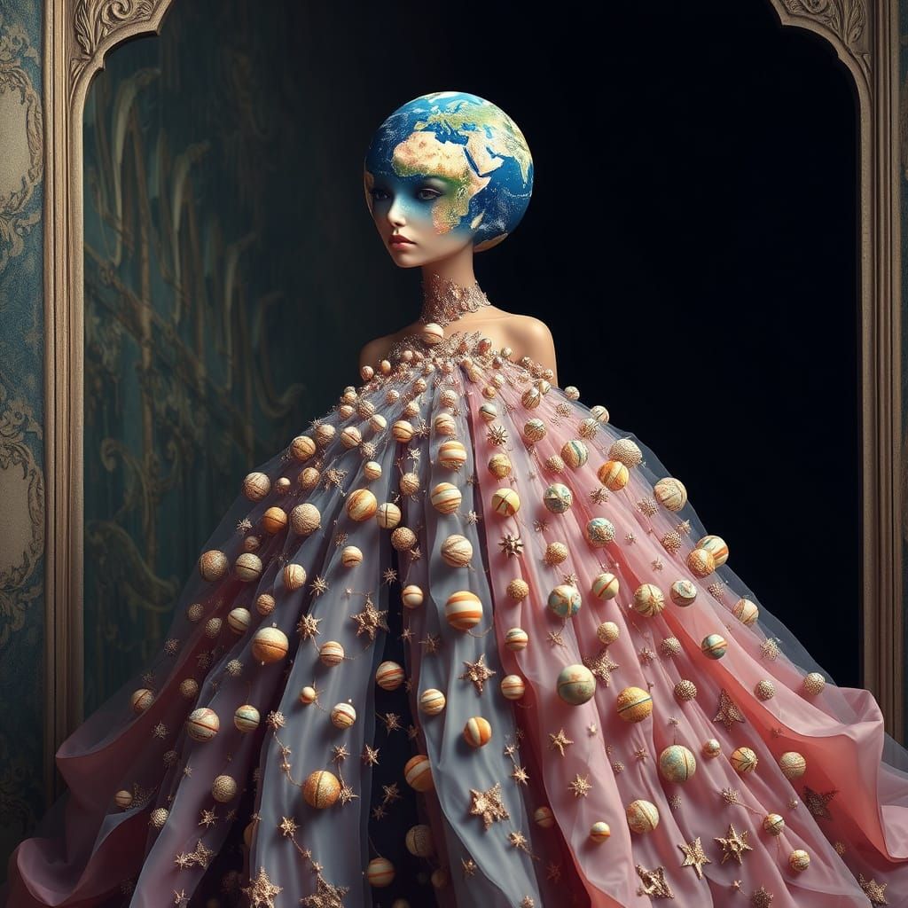 Woman With Earth Head and Planet Gown
