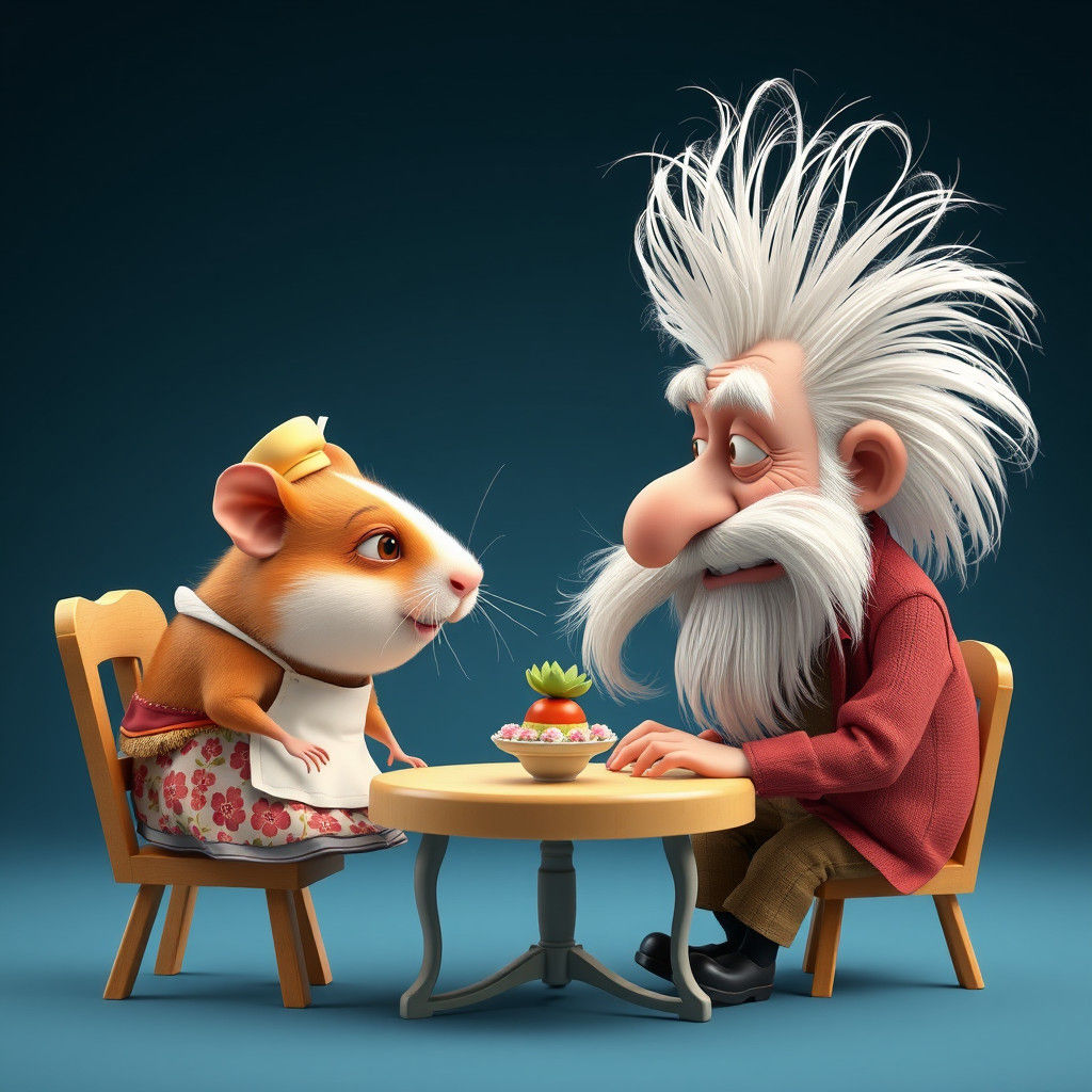 Comical Old Man and Hamster Stare-Down in 3D Caricature