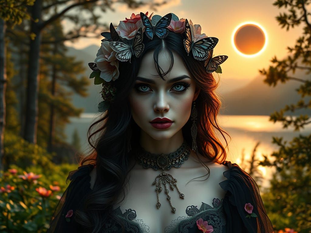 Gothic Enchantress in Emerald Woodland