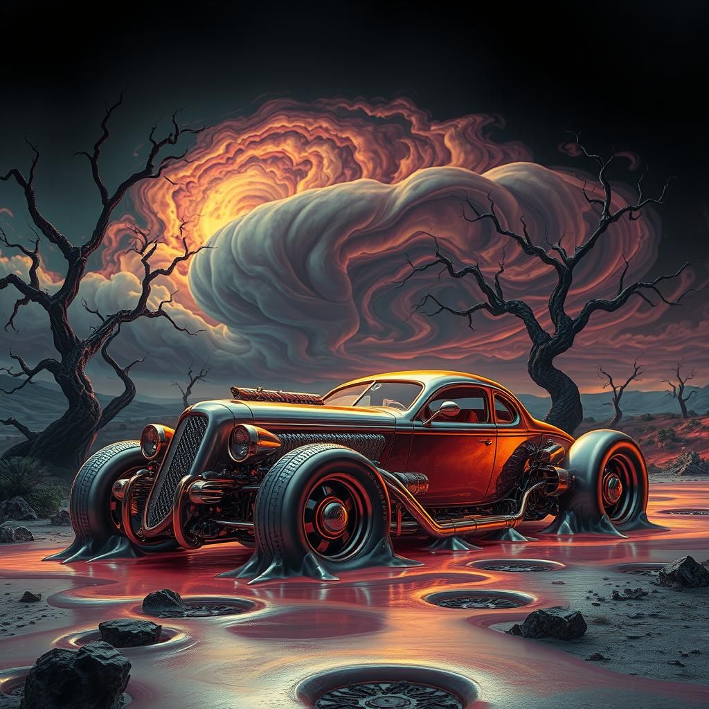 Surreal Biomechanical Hot Rod in Dreamlike Landscape