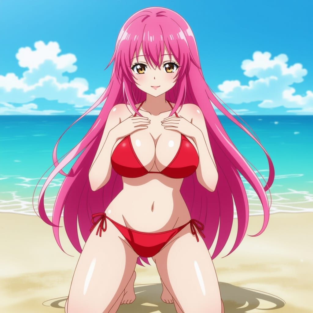 Anime Woman in Red Bikini on Beach
