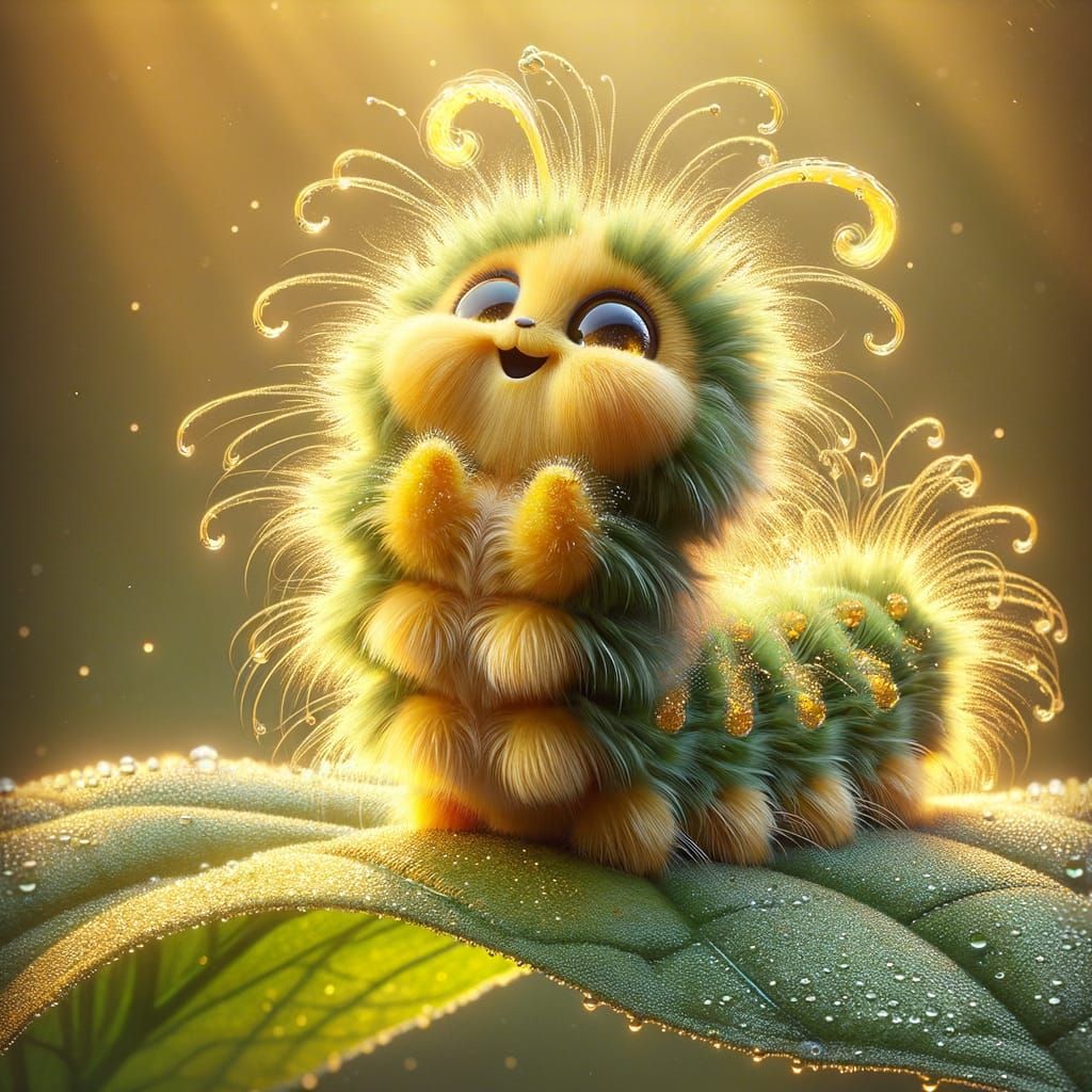 Delightful Fluffy Caterpillar on Dewy Leaf