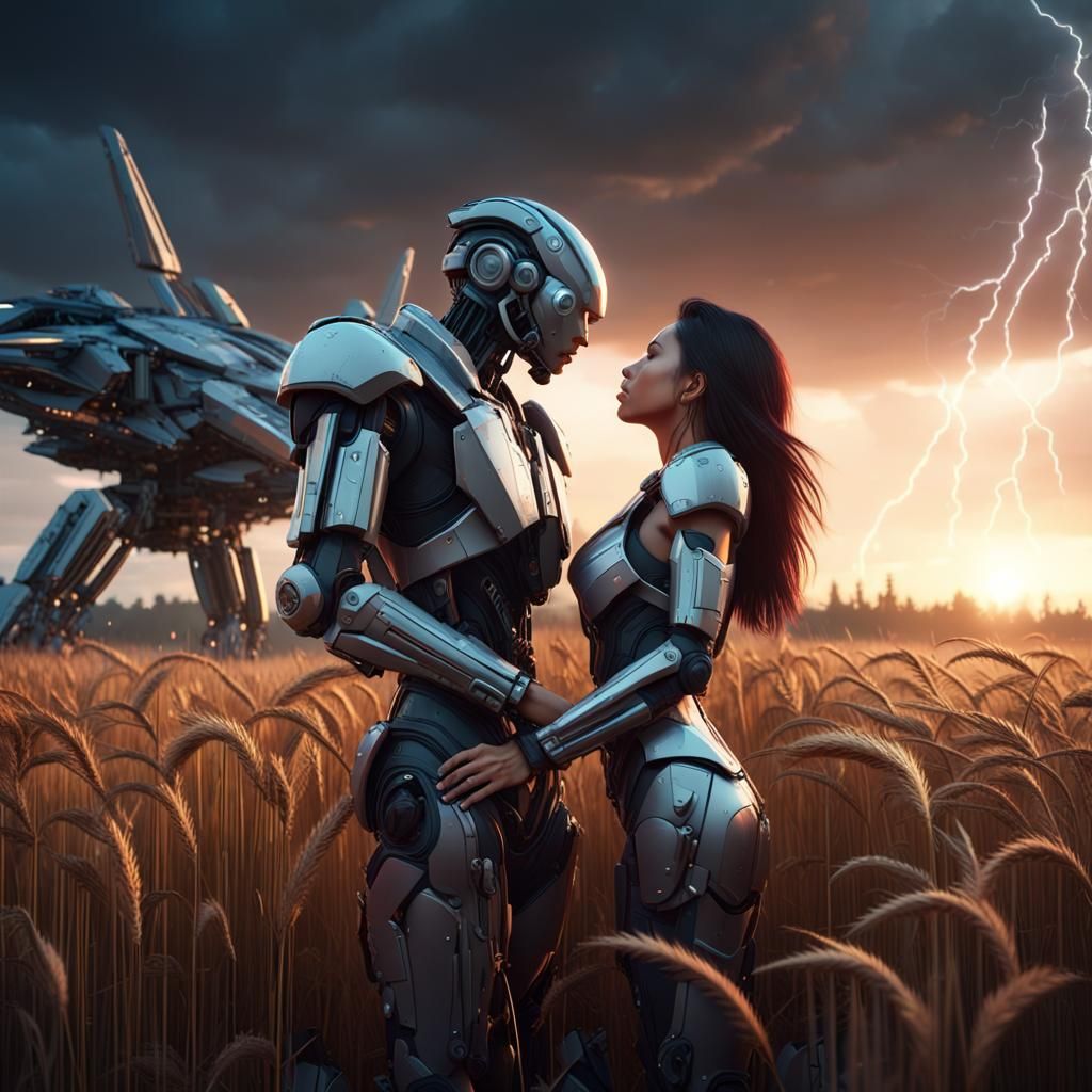 Cyborgs Kissing at Sunset: Sci-Fi Digital Art
