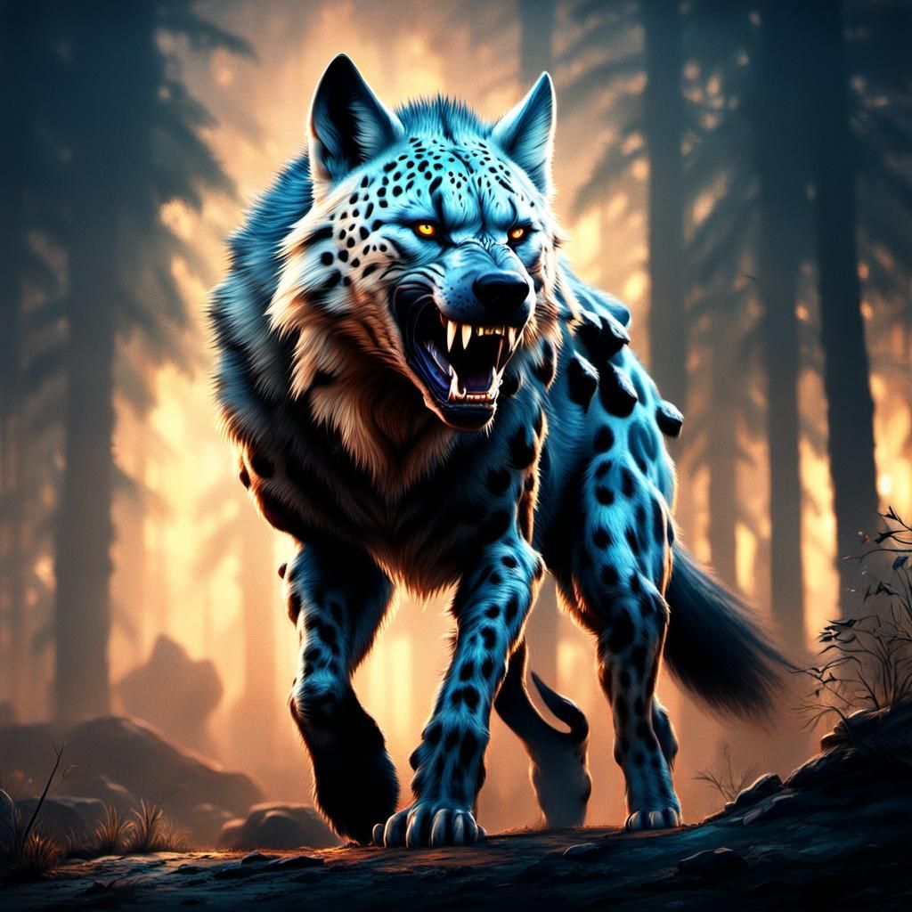 A wolf ,hyena,leopard hybrid animal with strong teeth and drool dripping out of its large mouth