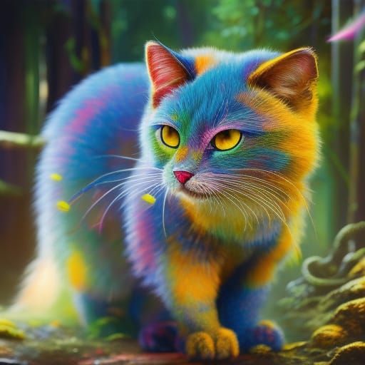 Happy Mossy Cat in Flowers: Digital Graffiti Art