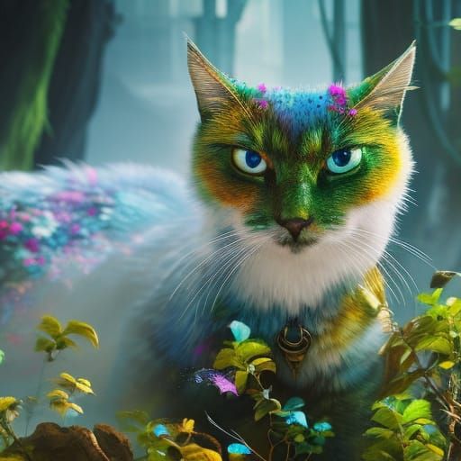 Happy Mossy Cat in Flowers: Hyperdetailed Concept Art