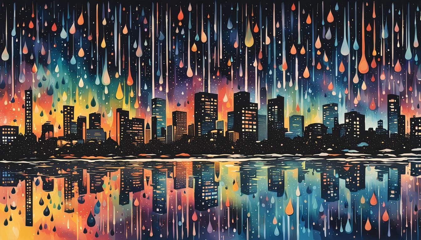 Reflective Raindrops Obscure Abstract Cityscape, Ink Poster