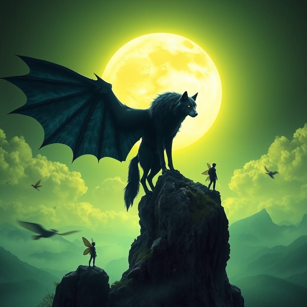 Winged Wolf on Rock Pillar in Dreamy Landscape