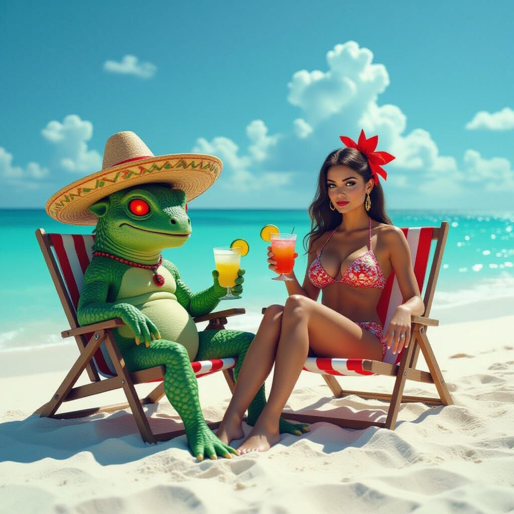 Chupacabra and Cheerleader on Beach in Latin American Folklo...