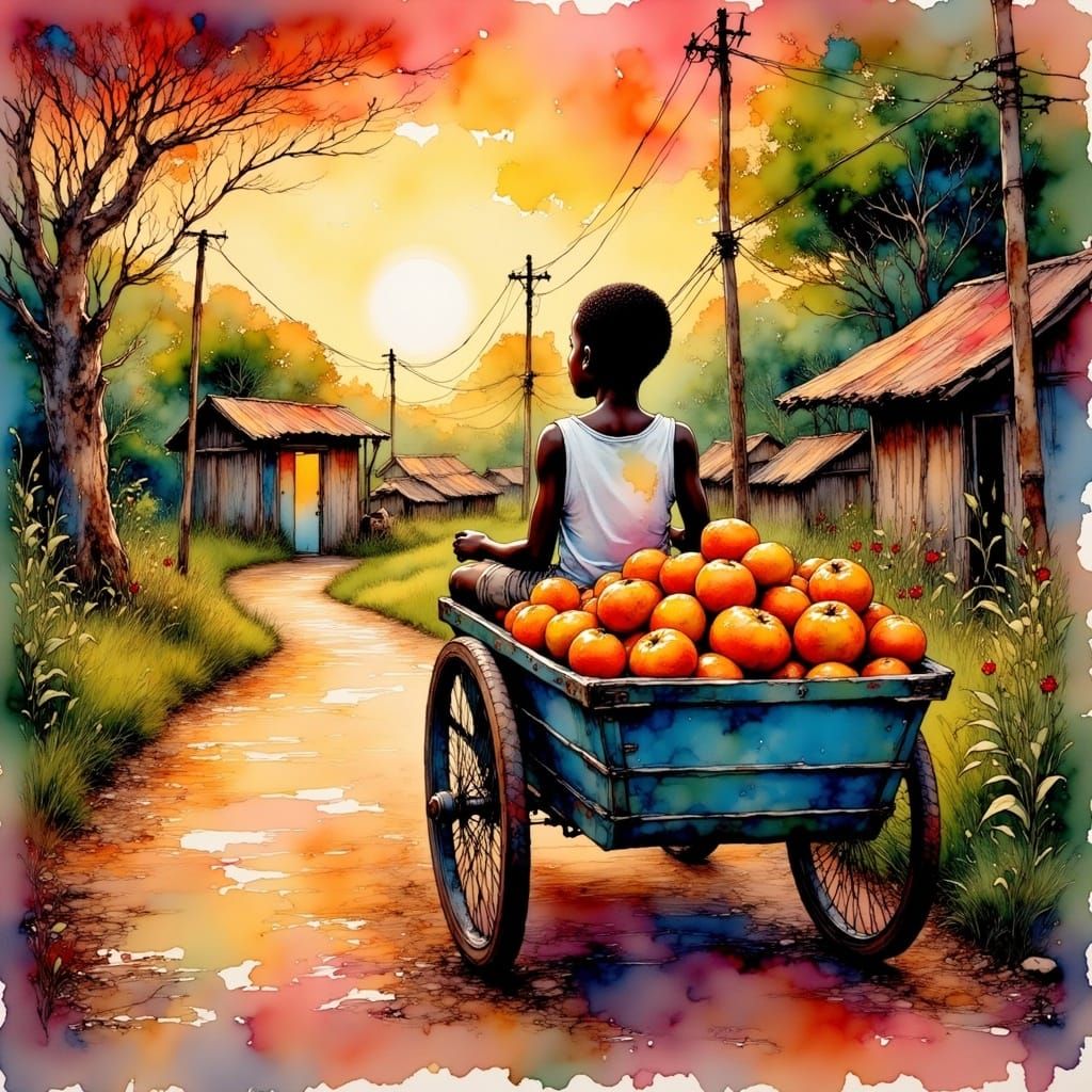 Young African Boy Riding Cart Through Village at Sunset in I...