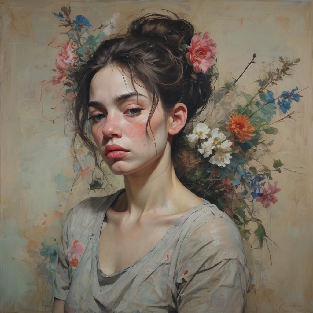 Melancholy Woman: Oil Painting with Floral Accents