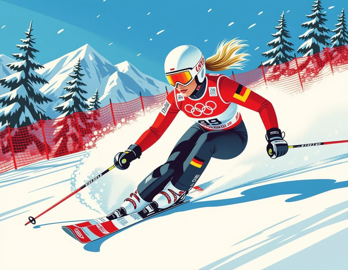 Retro 70s Ski Champion in Downhill Race