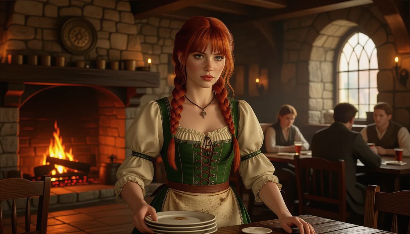 Barmaid in Old Pub: Hyperrealistic Digital Painting