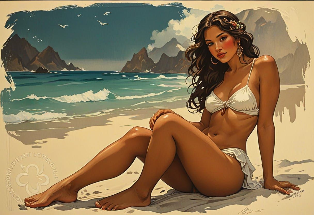 Enchanting Hula Dancer on Tropical Beach as Oil Painting