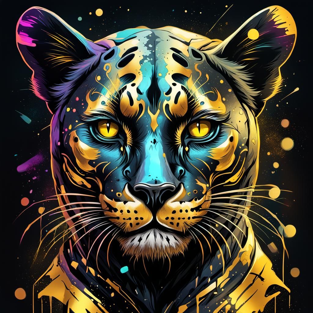 Female Panther Skull Grafiti Style. Black and Gold Colors. G...