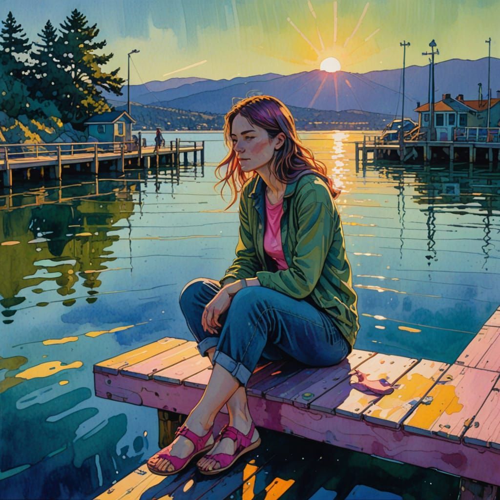 Girl on Pier in Sunlight, Comic Book Watercolor Style