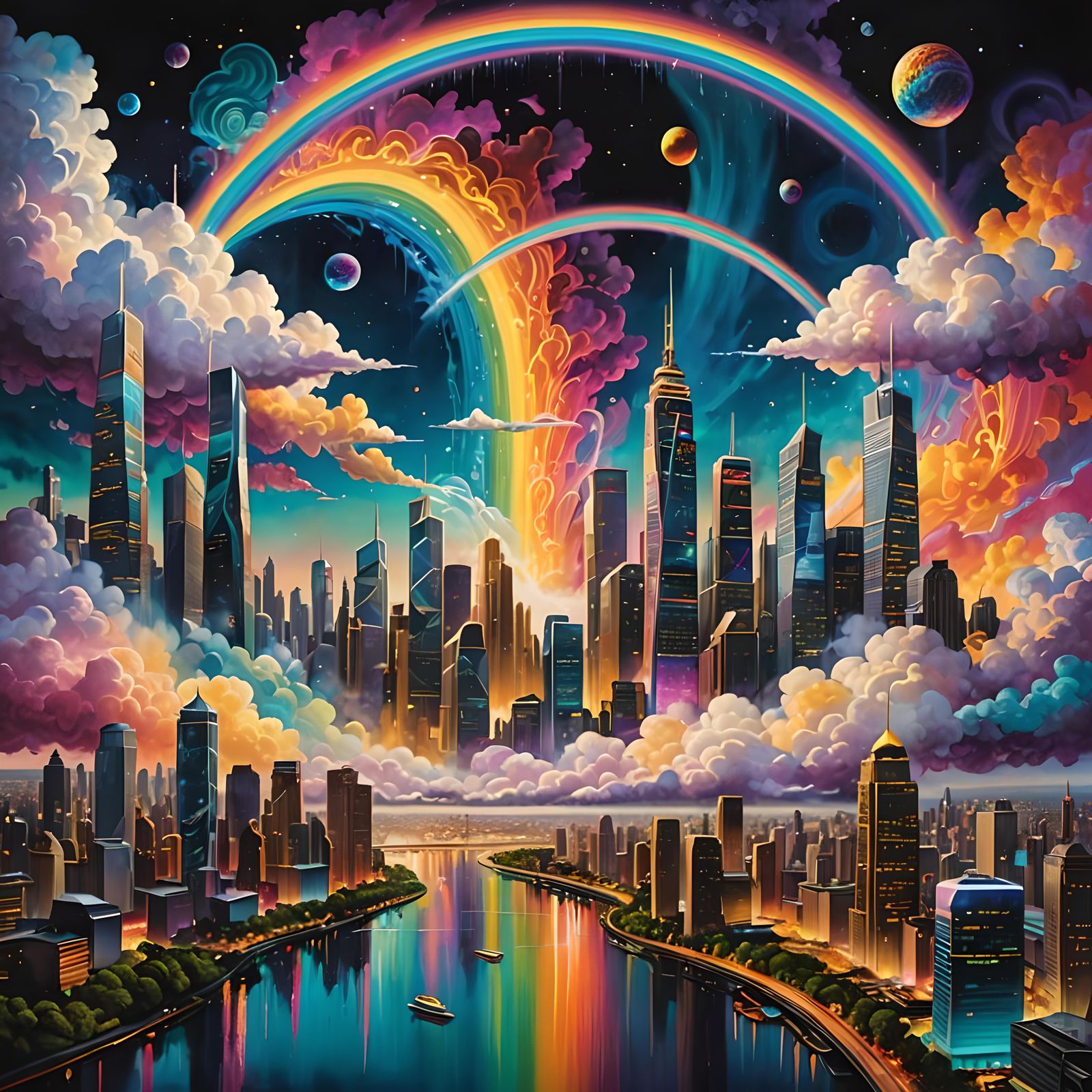 Futuristic Rainbow Cityscape with Liquid Gold River