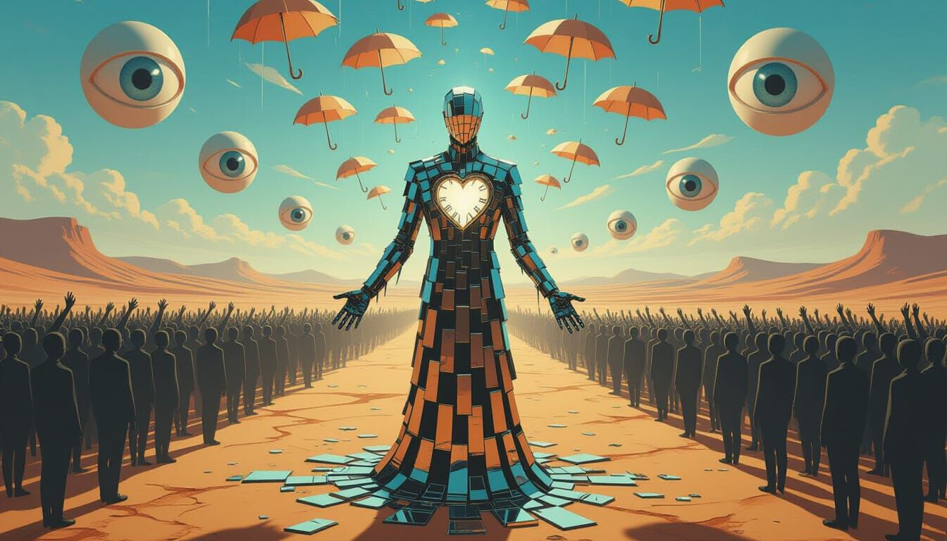 Surreal Desert Landscape with Mirror Figure and Floating Eye...