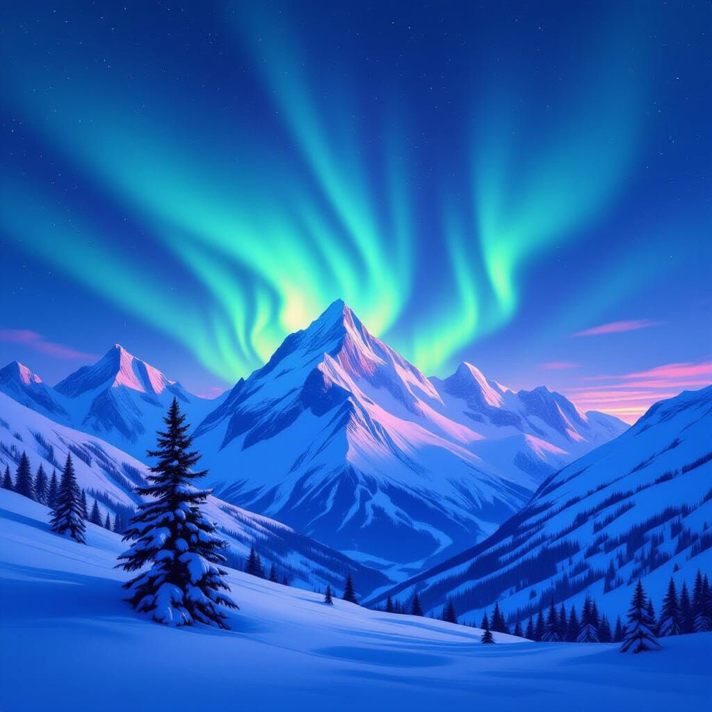 Aurora Borealis Over Majestic Mountains in Digital Matte Pai...