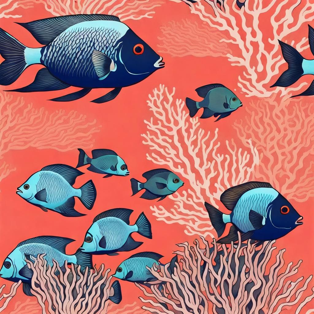 Tropical Fish in Coral Reef, Japanese Woodblock Style