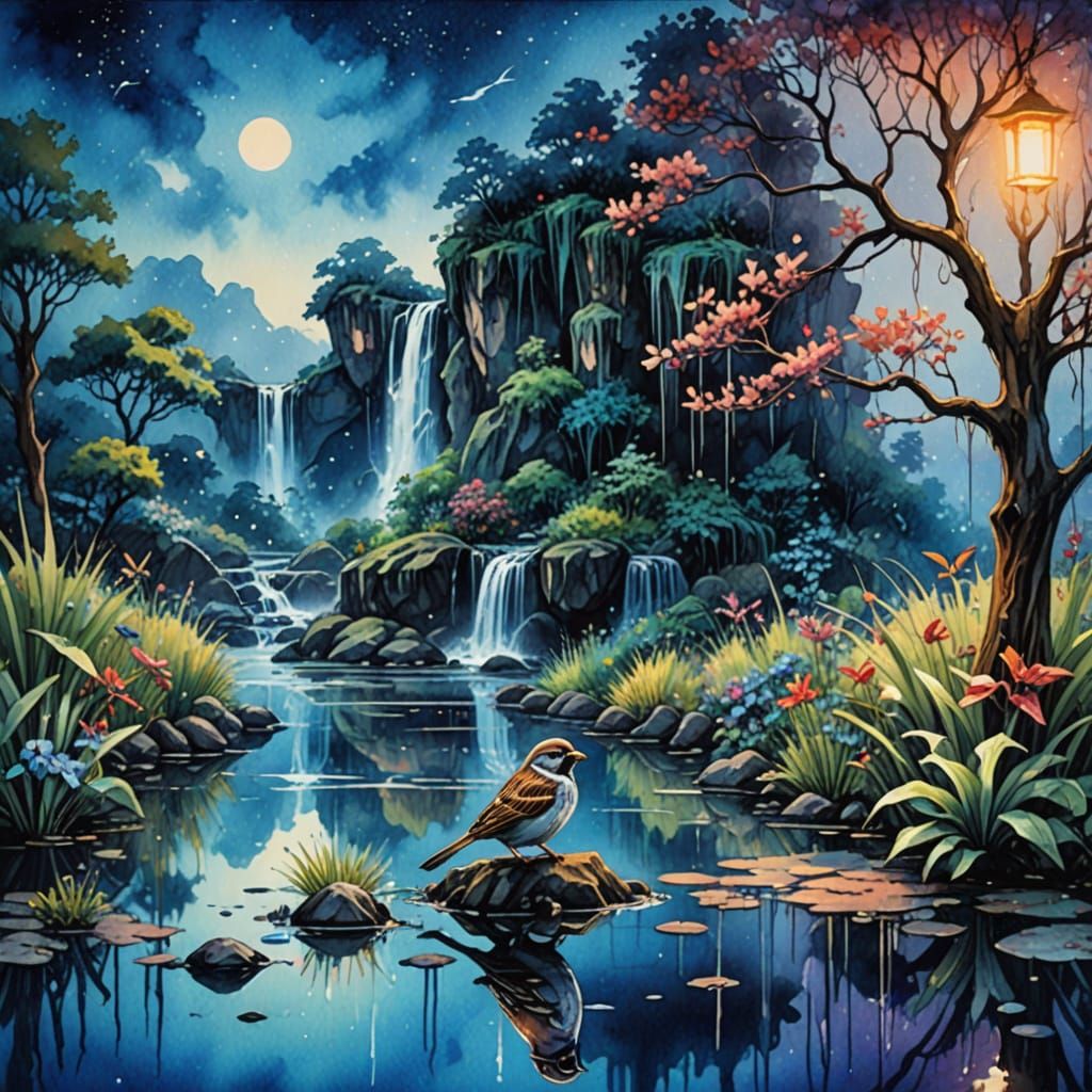 Sparrow in a puddle Ink and wet brush watercolor. Detailed w...