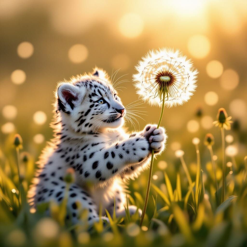 Snow Leopard Cub Plays with Dandelion Seed Head