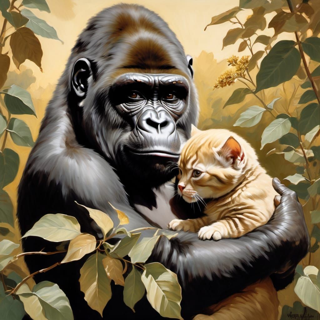 Gorilla Coco Holding Kitten in Warm Golden Light