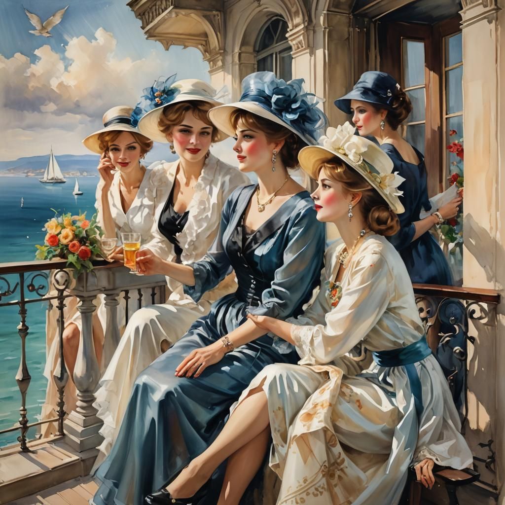 Beautiful elegant ladies gossiping on a balcony overlooking the Black Sea in the style of Anna Razumovskaya