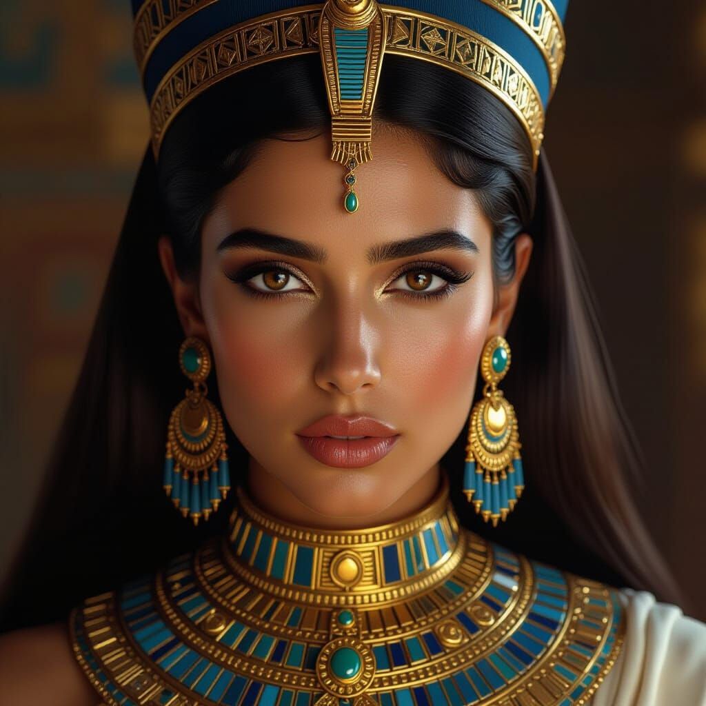 Regal Egyptian Woman with Golden Jewelry and Headdress