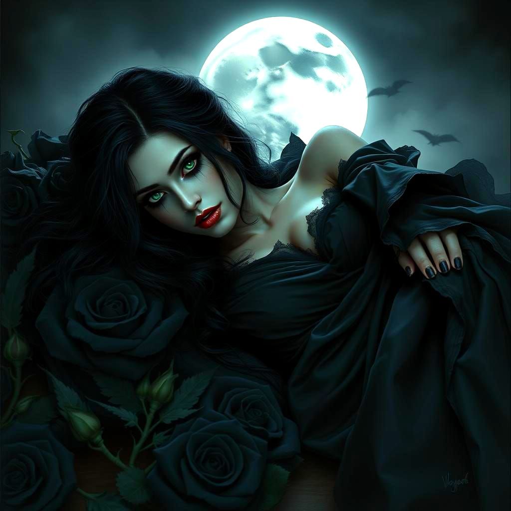 Gothic Vampiress in Black Roses Moonlight