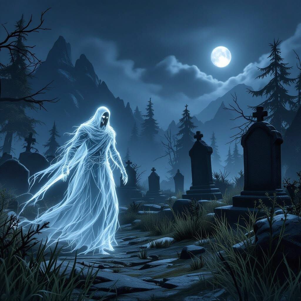 Ghostly Warrior Haunts Skyrim Graveyard at Night