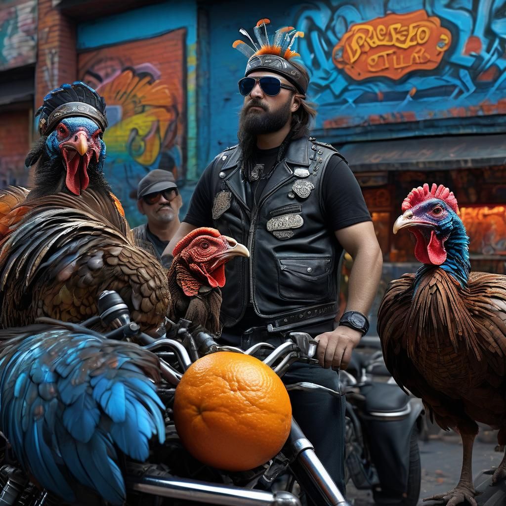 Biker Turkeys in Fantastical Bar Scene as Matte Painting