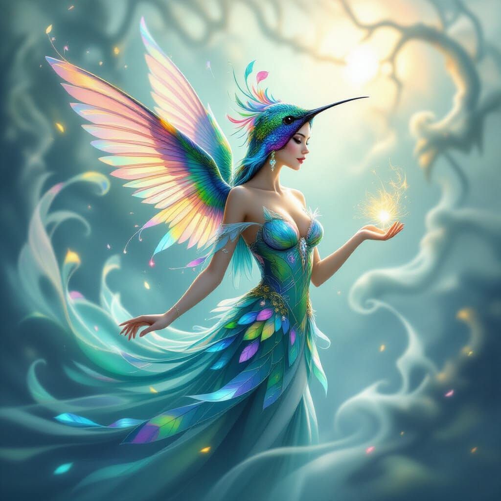 Hummingbird Goddess in Ethereal Fantasy Scene