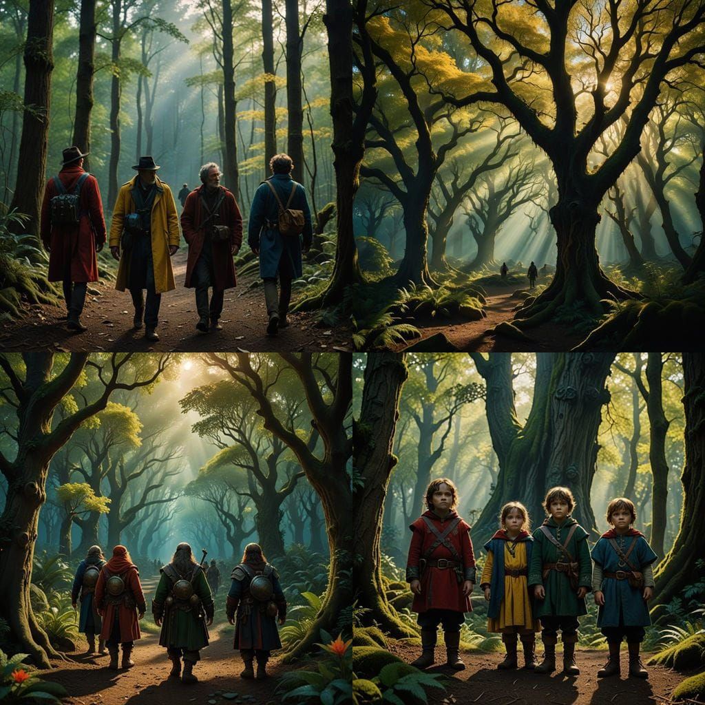 Dwarves in a Vibrant Magical Forest
