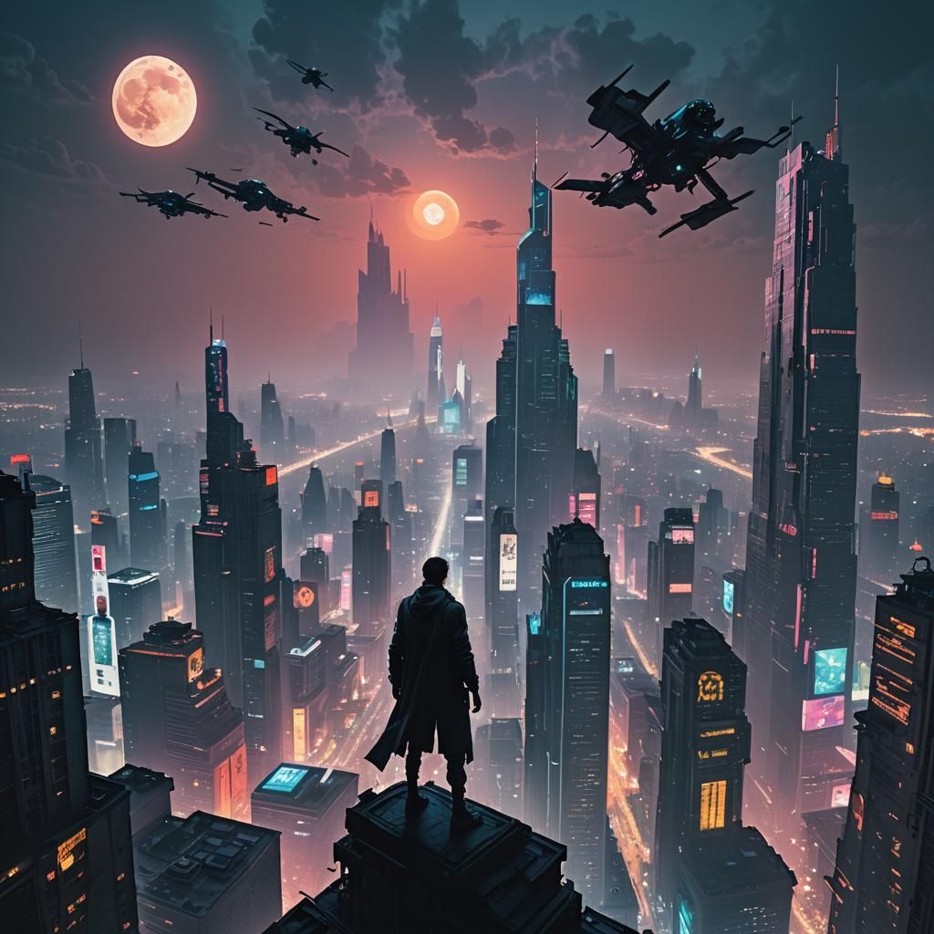 Dystopian Metropolis: Cyberpunk Figure Gazing at Neon City