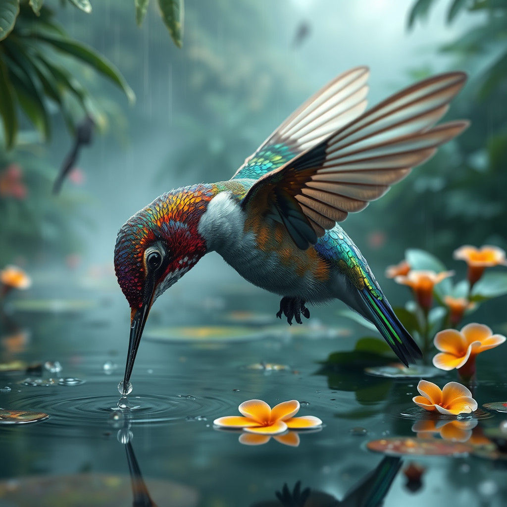 Hummingbird Sipping in Rainforest Pond: Hyper-Realistic Matt...