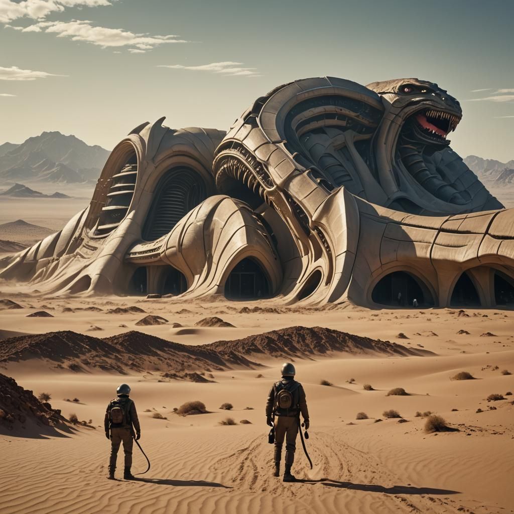 Sandworm Eats Futuristic Building in Desert Landscape