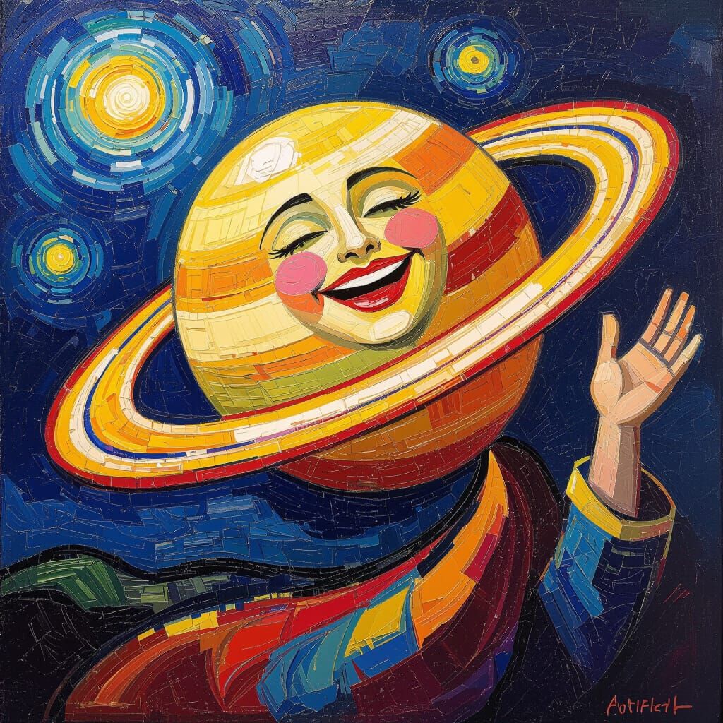 Joyful Personified Saturn in a Vibrant Cosmic Oil Painting