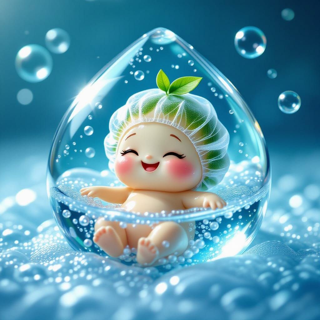 Adorable Germ Relaxing in a Bubble Bath in Water Droplet